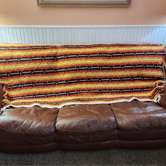 Vtg Handmade Afghan Crochet Retro Sofa Cover Diamond Stitch Stripe Blanket 43x71 - Picture 3 of 14